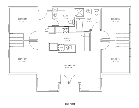 Floor plan for 4 beds, 2 baths, 1200 sqft